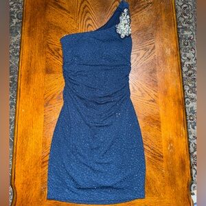 3/$30 Emerald Sundae Navy One-Shoulder Embellished Evening Dress